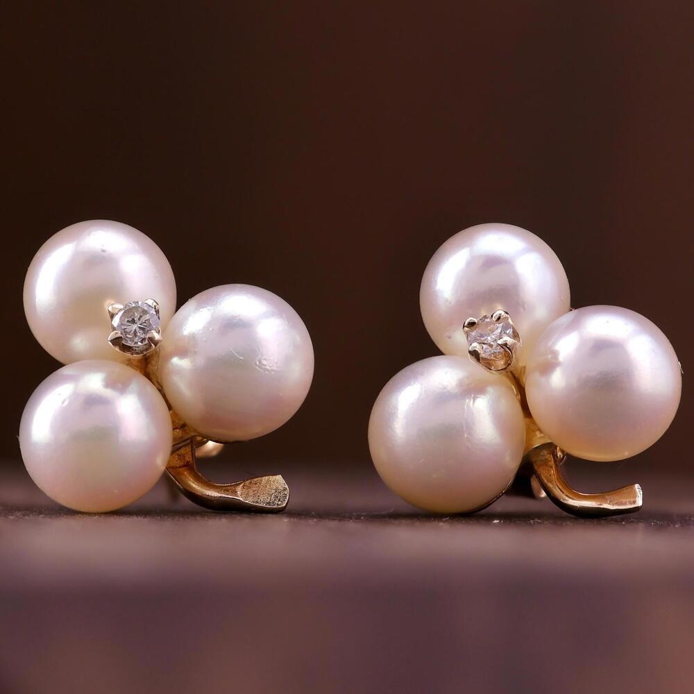 Vintage 14K Yellow Gold Pearl Trio Grape Cluster Diamond Accented Stud Earrings
